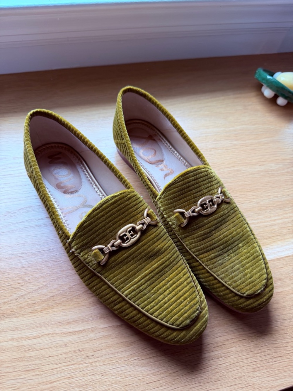 Sam Edelman Loraine Olive Green Corduroy Loafers with Gold Chain